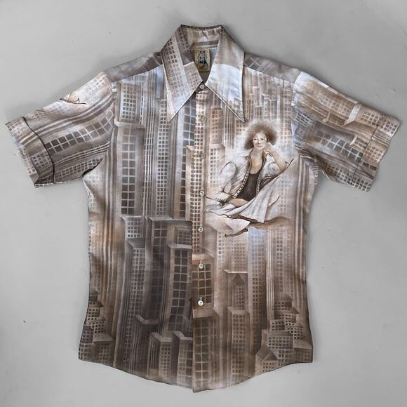 70s Polyester Kennington Disco Skyscraper Metropolis Shirt AllOver Print Men's - Picture 9 of 9